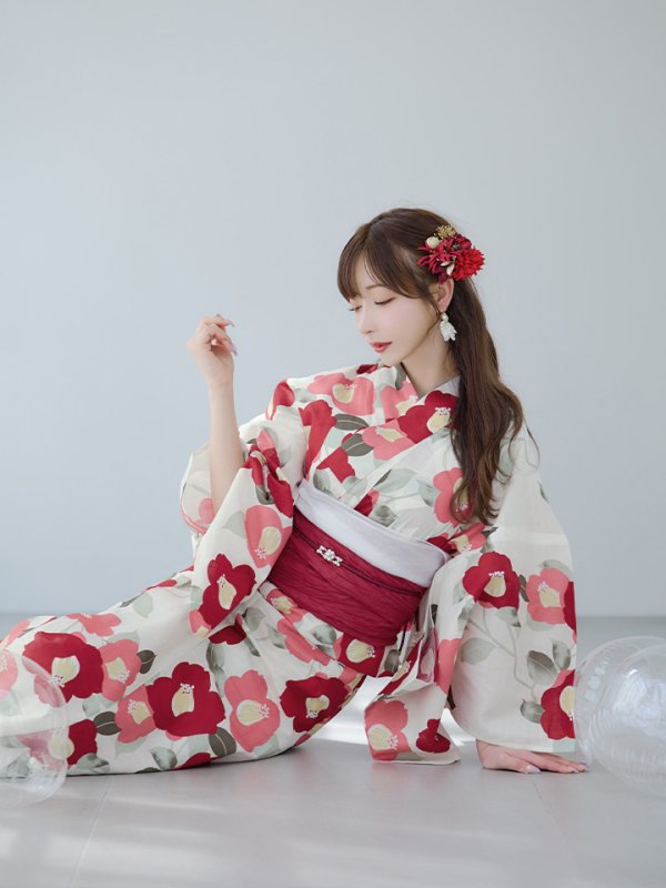 画像12: 【予約 / 5月中旬発送予定】古典レトロ椿浴衣 OBI-siwa-201-wk-3-WR / HIMO-902-kj-5-RosePK / HEKO-800-sb-5-W / YA-1027-wk-R / GETA-02-ok-8-RoseP[YMT] (12)