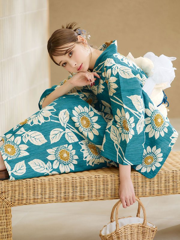画像1: 【即日発送！】アクア地×向日葵のハイカラ浴衣  【浴衣３点セット 浴衣/帯/下駄】[YMT] (1)