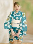 画像11: 【即日発送！】アクア地×向日葵のハイカラ浴衣  【浴衣３点セット 浴衣/帯/下駄】[YMT] (11)