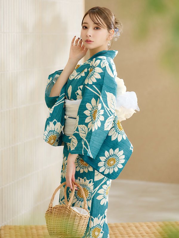 画像2: 【即日発送！】アクア地×向日葵のハイカラ浴衣  【浴衣３点セット 浴衣/帯/下駄】[YMT] (2)
