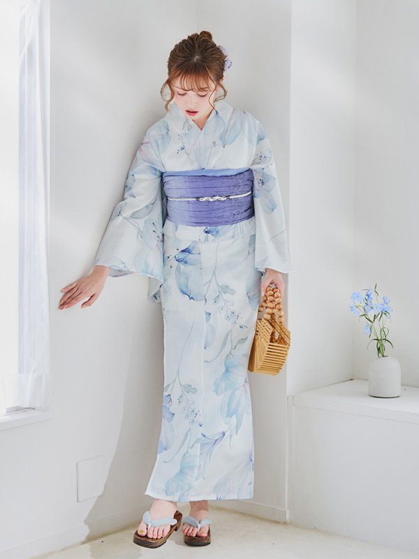 画像10: 【即日発送】【浴衣セール！】水彩ユリナチュラルブルー浴衣  【浴衣３点セット 浴衣/帯/下駄】[YMT] (10)
