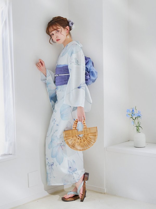 画像13: 【即日発送】【浴衣セール！】水彩ユリナチュラルブルー浴衣  【浴衣３点セット 浴衣/帯/下駄】[YMT] (13)