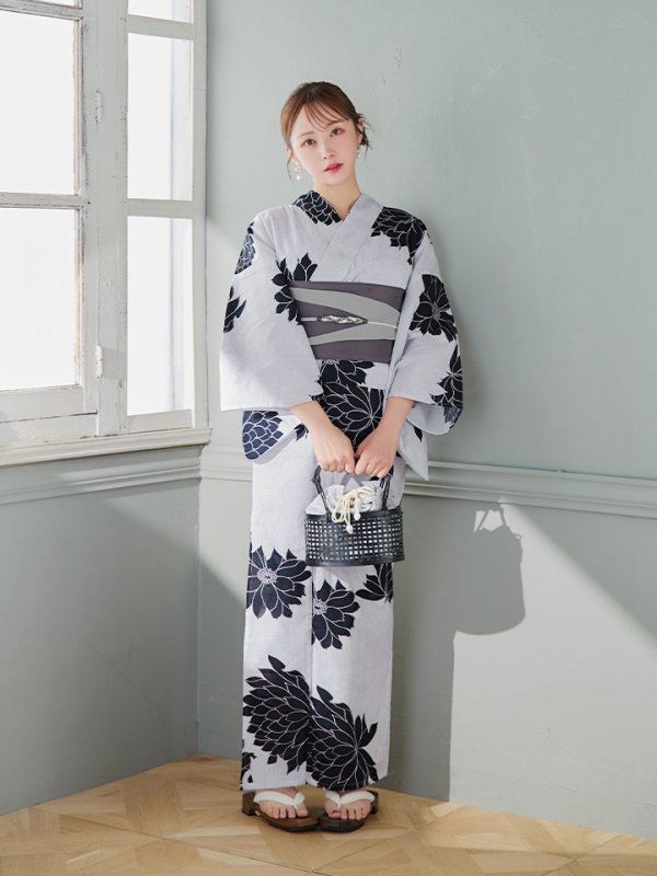 画像10: 【即日発送】モノトーンダリア柄浴衣  【浴衣３点セット 浴衣/帯/下駄】[YMT] (10)