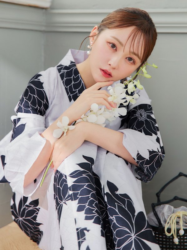 画像13: 【即日発送】モノトーンダリア柄浴衣  【浴衣３点セット 浴衣/帯/下駄】[YMT] (13)