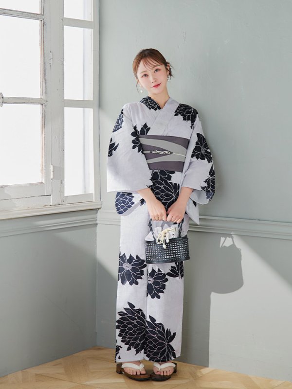 画像15: 【即日発送】モノトーンダリア柄浴衣  【浴衣３点セット 浴衣/帯/下駄】[YMT] (15)