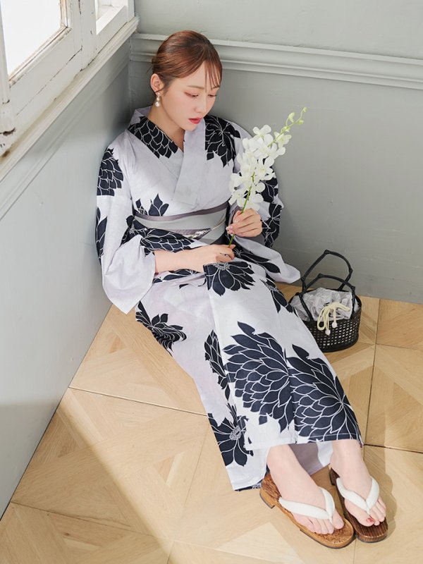 画像6: 【即日発送】モノトーンダリア柄浴衣  【浴衣３点セット 浴衣/帯/下駄】[YMT] (6)