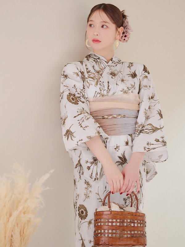 画像2: 【即日発送】アンティーク調ボタニカル浴衣  【浴衣３点セット 浴衣/帯/下駄】[YMT] (2)