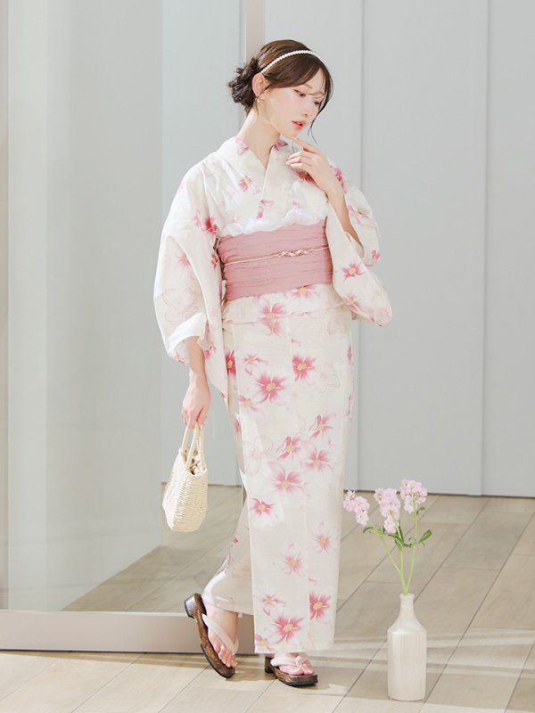 画像11: 【即日発送】淡色桜花柄浴衣  【浴衣３点セット 浴衣/帯/下駄】[OF04] (11)