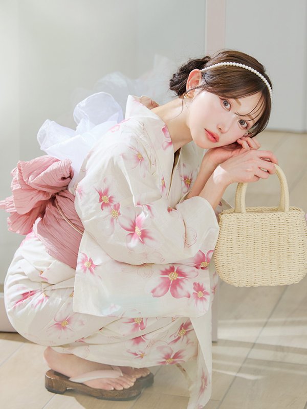 画像12: 【即日発送】淡色桜花柄浴衣  【浴衣３点セット 浴衣/帯/下駄】[OF04] (12)