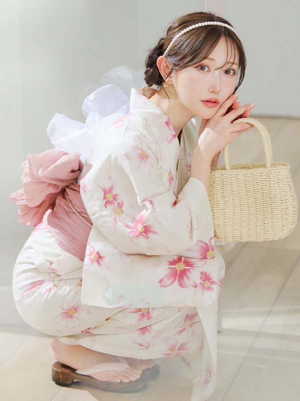 画像17: 【即日発送】淡色桜花柄浴衣  【浴衣３点セット 浴衣/帯/下駄】[OF04] (17)