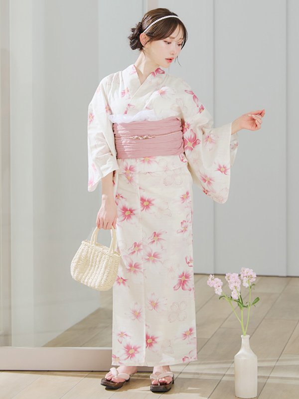 画像4: 【即日発送】淡色桜花柄浴衣  【浴衣３点セット 浴衣/帯/下駄】[OF04] (4)