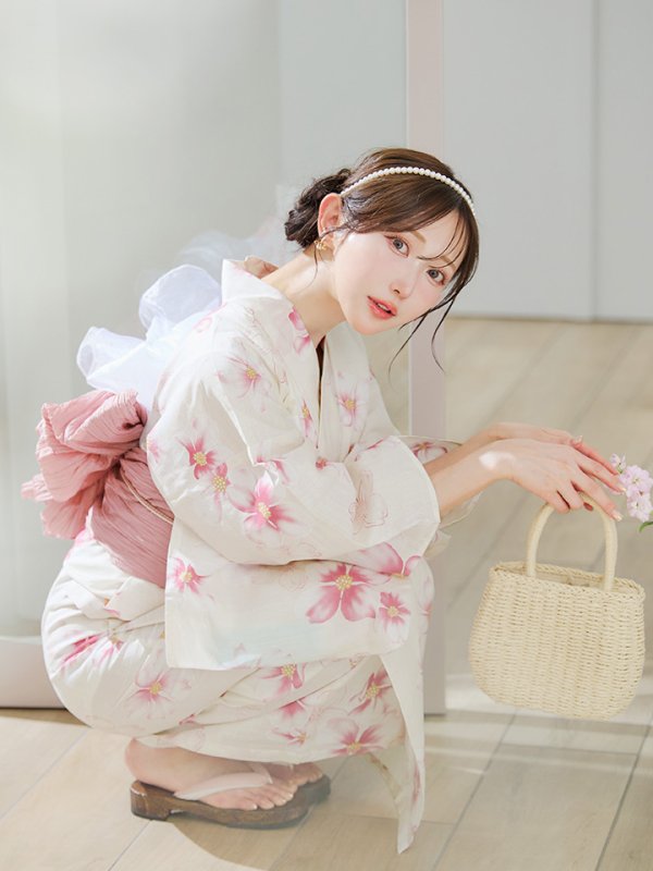 画像7: 【即日発送】淡色桜花柄浴衣  【浴衣３点セット 浴衣/帯/下駄】[OF04] (7)