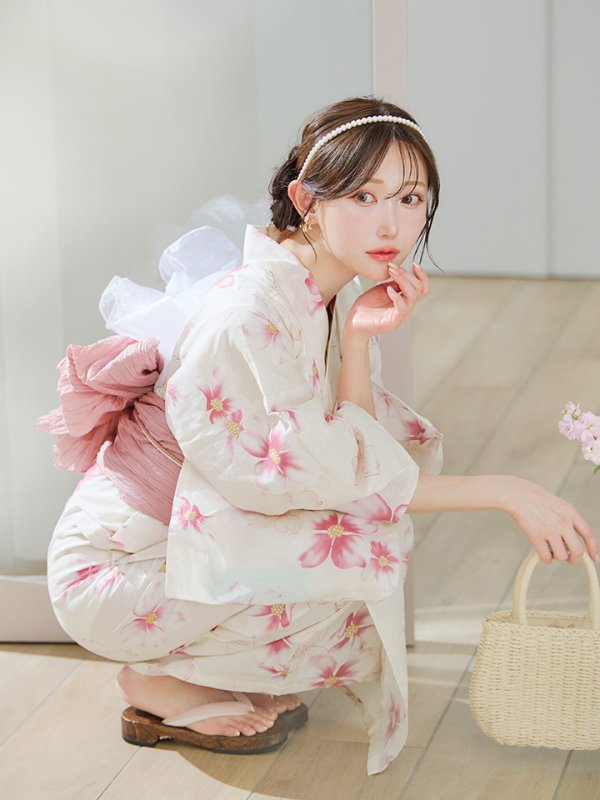 画像8: 【即日発送】淡色桜花柄浴衣  【浴衣３点セット 浴衣/帯/下駄】[OF04] (8)