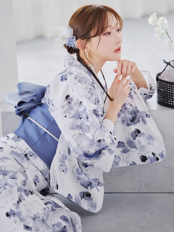 画像2: 【即日発送】水墨ニュアンスフラワー浴衣  【浴衣３点セット 浴衣/帯/下駄】[YMT] (2)