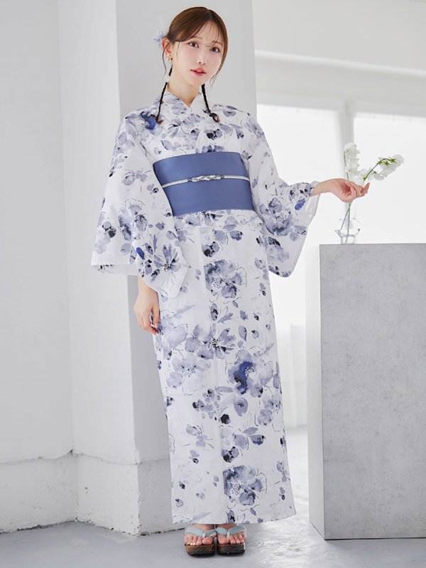 画像4: 【即日発送】水墨ニュアンスフラワー浴衣  【浴衣３点セット 浴衣/帯/下駄】[YMT] (4)