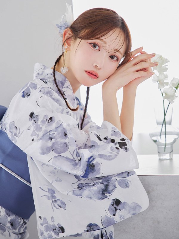 画像6: 【即日発送】水墨ニュアンスフラワー浴衣  【浴衣３点セット 浴衣/帯/下駄】[YMT] (6)