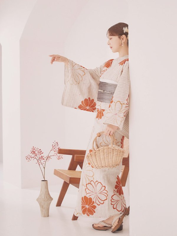 画像11: 【即日発送】ストライプ花柄浴衣  【浴衣３点セット 浴衣/帯/下駄】[YMT] (11)