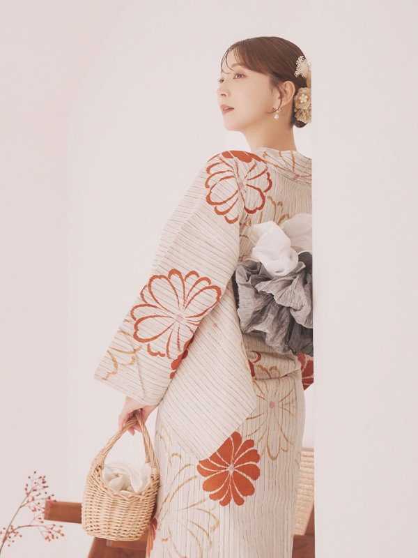 画像12: 【即日発送】ストライプ花柄浴衣  【浴衣３点セット 浴衣/帯/下駄】[YMT] (12)