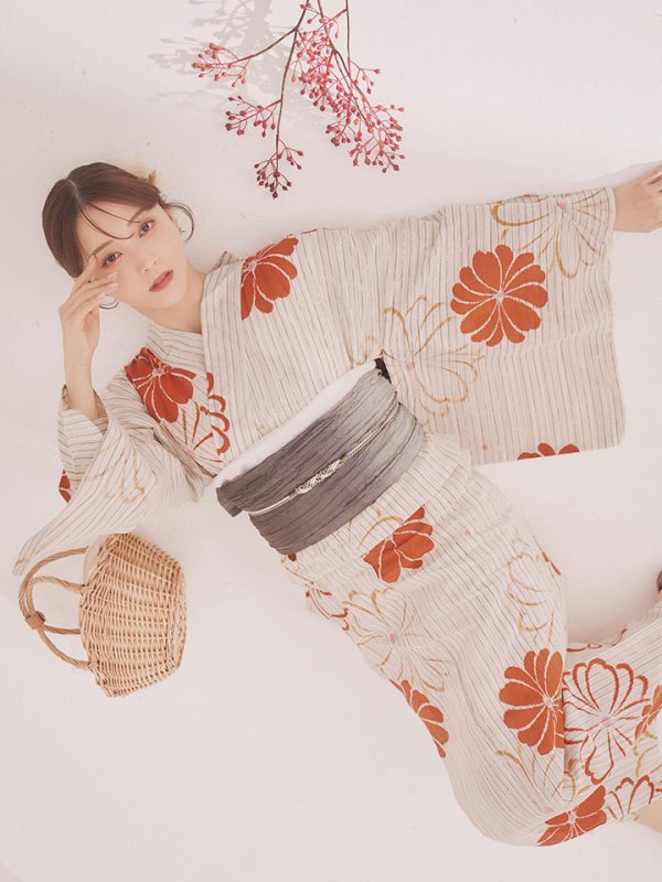 画像2: 【即日発送】ストライプ花柄浴衣  【浴衣３点セット 浴衣/帯/下駄】[YMT] (2)