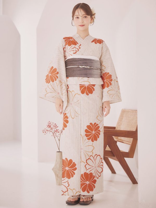 画像4: 【即日発送】ストライプ花柄浴衣  【浴衣３点セット 浴衣/帯/下駄】[YMT] (4)