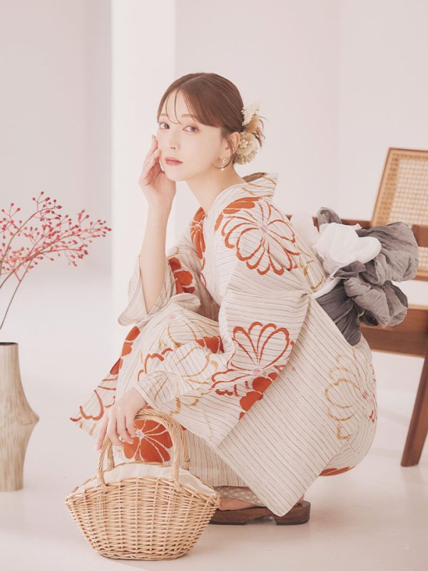 画像6: 【即日発送】ストライプ花柄浴衣  【浴衣３点セット 浴衣/帯/下駄】[YMT] (6)