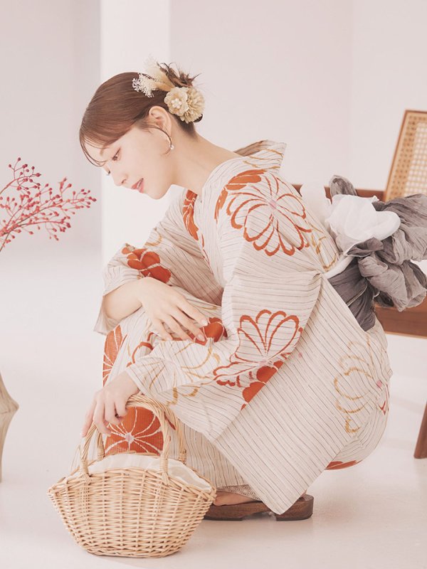 画像9: 【即日発送】ストライプ花柄浴衣  【浴衣３点セット 浴衣/帯/下駄】[YMT] (9)