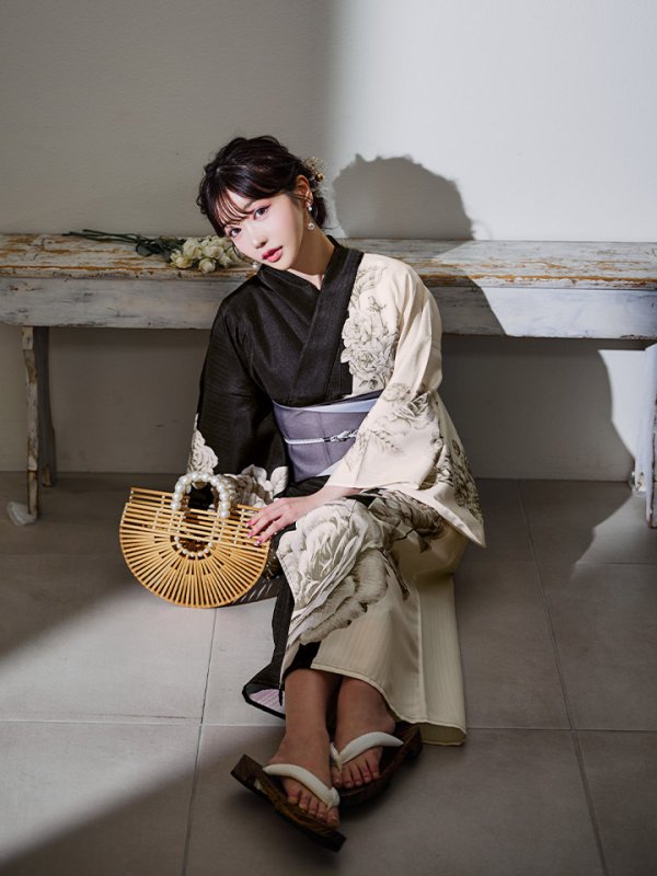 画像9: 【残りわずか！】【即日発送】【Riuコラボ】ツートンカラーローズ浴衣  【浴衣３点セット 浴衣/帯/下駄】[YMT] (9)