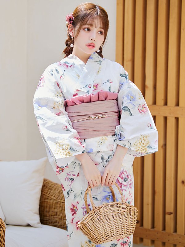 画像2: 【即日発送】【浴衣】白地×ボタニカル牡丹浴衣【浴衣３点セット 浴衣/帯/下駄】[YMT] (2)