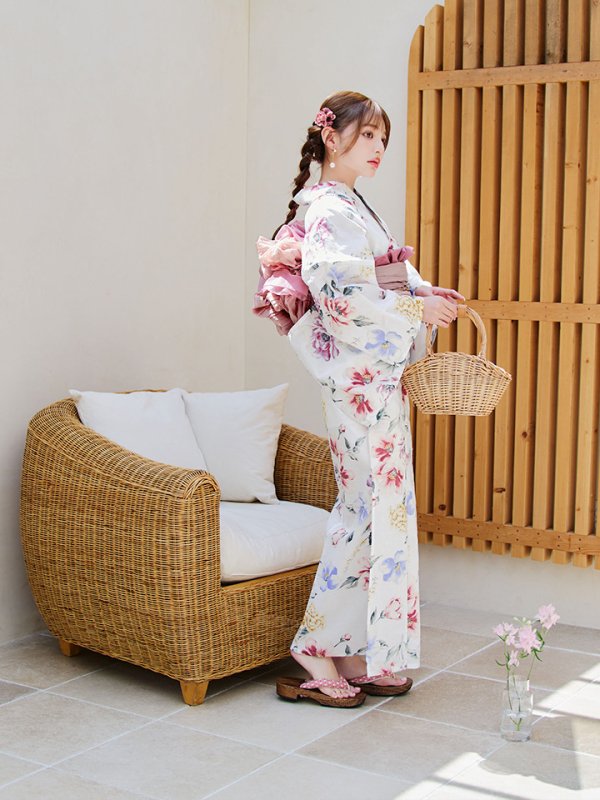 画像5: 【即日発送】【浴衣】白地×ボタニカル牡丹浴衣【浴衣３点セット 浴衣/帯/下駄】[YMT] (5)