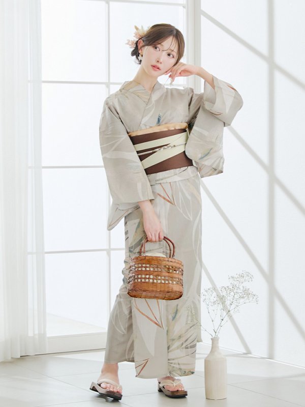 画像11: 【即日発送】【浴衣セール！】ヘルシーリーフ柄ベージュ浴衣  【浴衣３点セット 浴衣/帯/下駄】[YMT] (11)