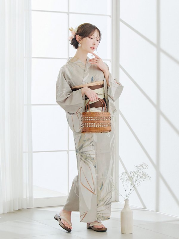 画像12: 【即日発送】【浴衣セール！】ヘルシーリーフ柄ベージュ浴衣  【浴衣３点セット 浴衣/帯/下駄】[YMT] (12)