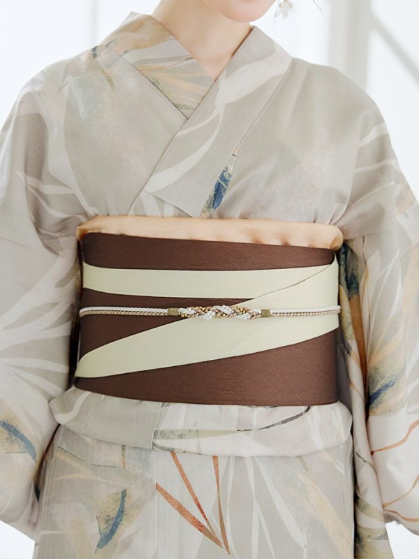 画像15: 【即日発送】【浴衣セール！】ヘルシーリーフ柄ベージュ浴衣  【浴衣３点セット 浴衣/帯/下駄】[YMT] (15)