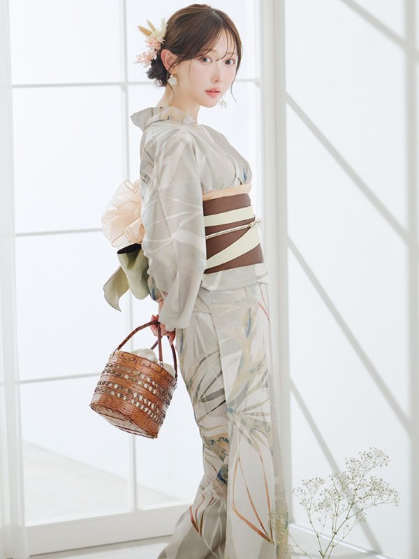 画像3: 【即日発送】【浴衣セール！】ヘルシーリーフ柄ベージュ浴衣  【浴衣３点セット 浴衣/帯/下駄】[YMT] (3)