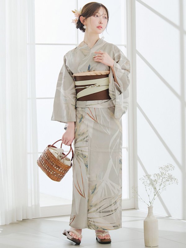 画像4: 【即日発送】【浴衣セール！】ヘルシーリーフ柄ベージュ浴衣  【浴衣３点セット 浴衣/帯/下駄】[YMT] (4)