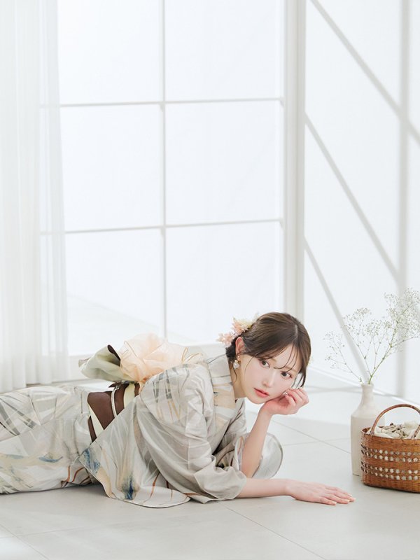 画像5: 【即日発送】【浴衣セール！】ヘルシーリーフ柄ベージュ浴衣  【浴衣３点セット 浴衣/帯/下駄】[YMT] (5)