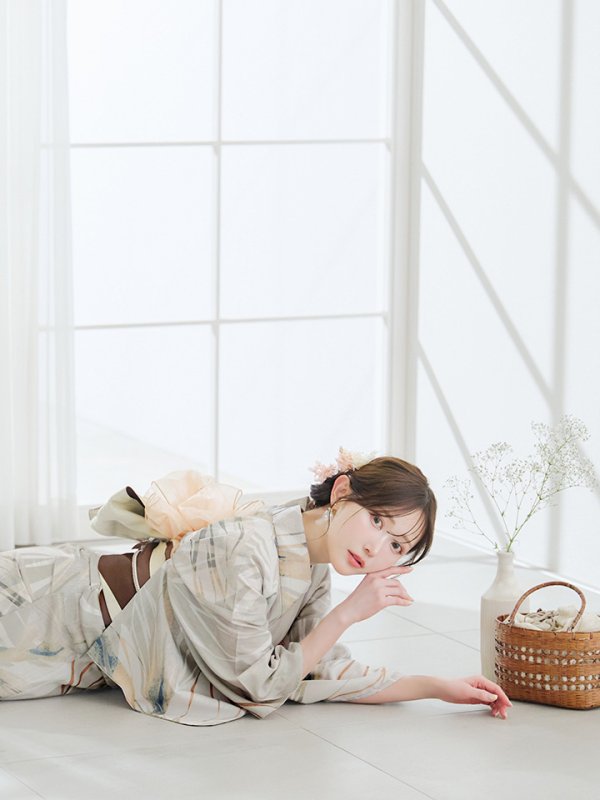 画像6: 【即日発送】【浴衣セール！】ヘルシーリーフ柄ベージュ浴衣  【浴衣３点セット 浴衣/帯/下駄】[YMT] (6)