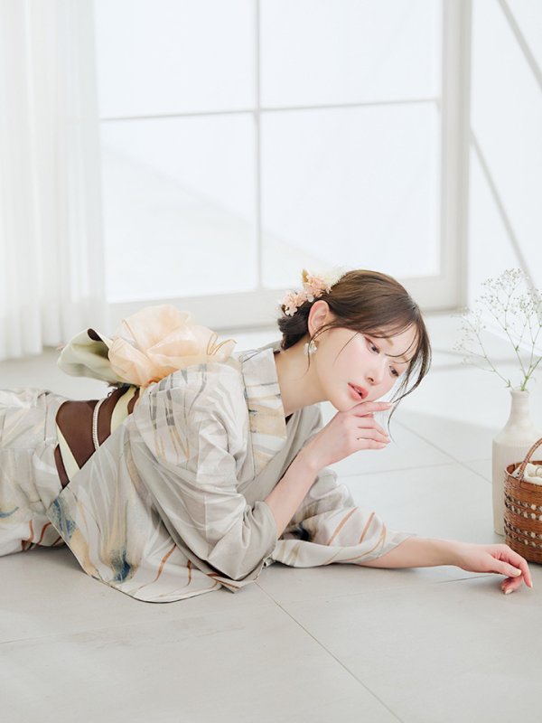 画像9: 【即日発送】【浴衣セール！】ヘルシーリーフ柄ベージュ浴衣  【浴衣３点セット 浴衣/帯/下駄】[YMT] (9)