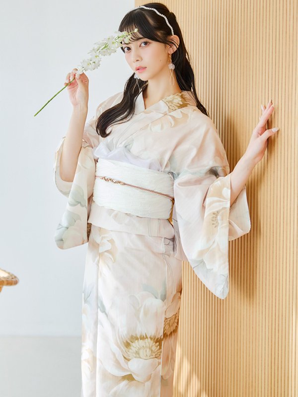 画像2: 【即日発送】クリームイエローピオニー浴衣  【浴衣３点セット 浴衣/帯/下駄】[YMT] (2)