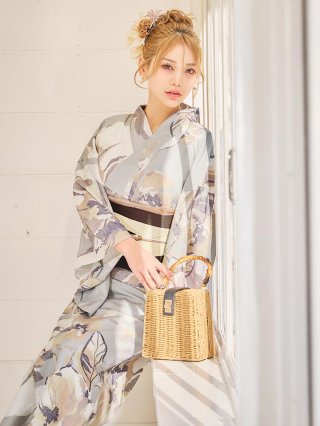 即日発送】淡色イエローフラワー浴衣【浴衣3点セット 浴衣/帯/下駄