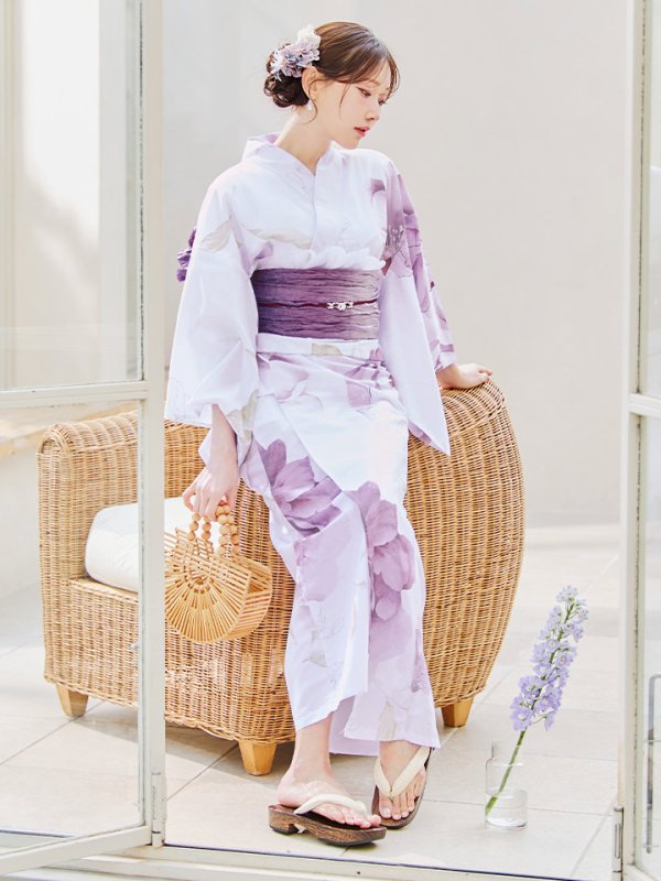 画像2: 【即日発送】アンティークパープルローズ浴衣【浴衣３点セット 浴衣/帯/下駄】[YMT] (2)