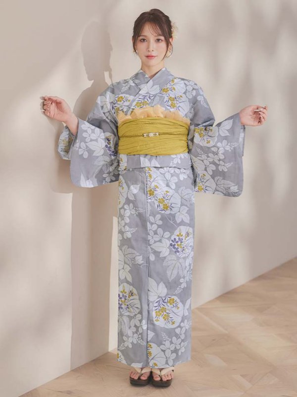 画像7: 【即日発送】グレー×フラワー浴衣  【浴衣３点セット 浴衣/帯/下駄】[OF04] (7)