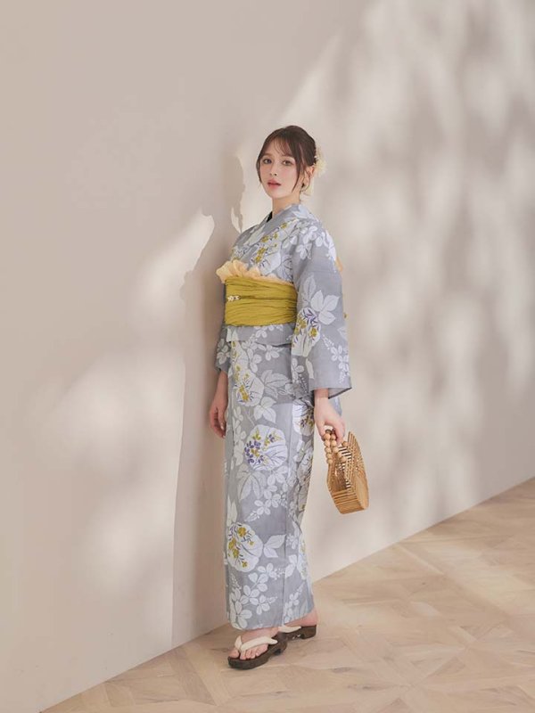 画像8: 【即日発送】グレー×フラワー浴衣  【浴衣３点セット 浴衣/帯/下駄】[OF04] (8)