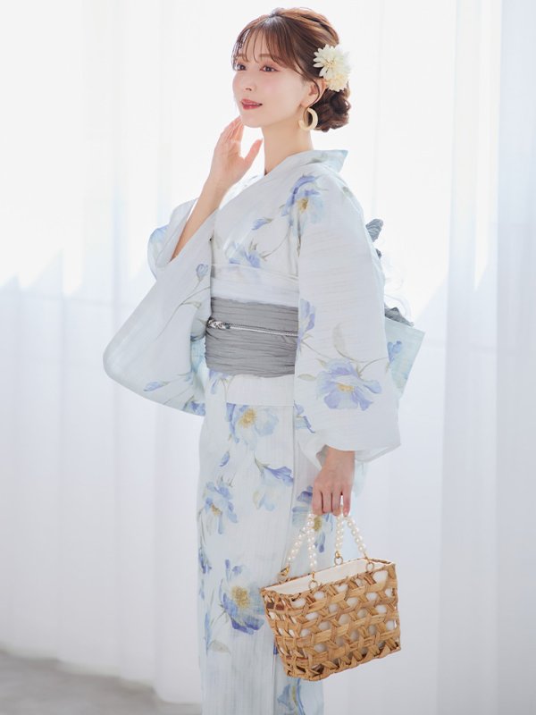 画像10: 【浴衣セール！】【即日発送】 ホワイト×アイシーフラワー浴衣  【浴衣３点セット 浴衣/帯/下駄】 [/YMT] (10)