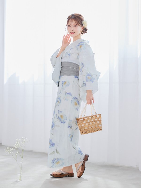 画像11: 【浴衣セール！】【即日発送】 ホワイト×アイシーフラワー浴衣  【浴衣３点セット 浴衣/帯/下駄】 [/YMT] (11)
