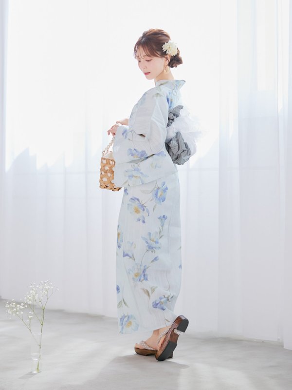 画像15: 【浴衣セール！】【即日発送】 ホワイト×アイシーフラワー浴衣  【浴衣３点セット 浴衣/帯/下駄】 [/YMT] (15)