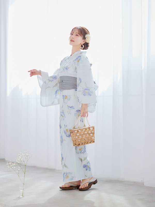 画像16: 【浴衣セール！】【即日発送】 ホワイト×アイシーフラワー浴衣  【浴衣３点セット 浴衣/帯/下駄】 [/YMT] (16)
