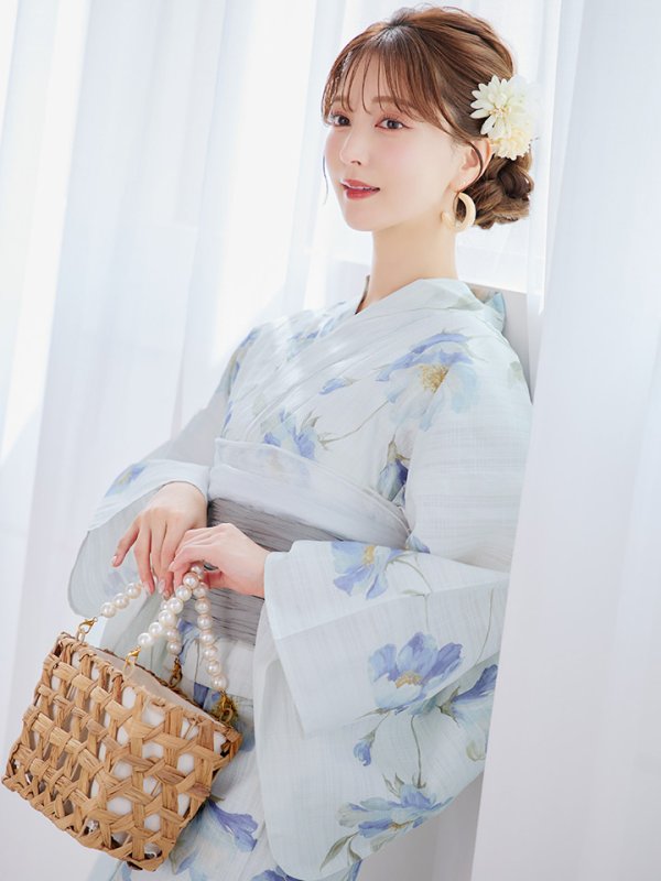 画像2: 【浴衣セール！】【即日発送】 ホワイト×アイシーフラワー浴衣  【浴衣３点セット 浴衣/帯/下駄】 [/YMT] (2)
