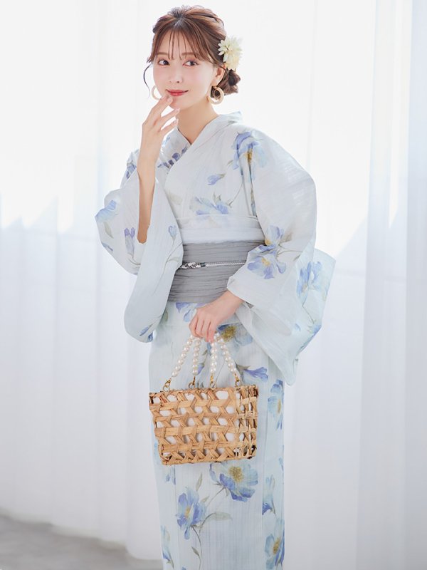画像3: 【浴衣セール！】【即日発送】 ホワイト×アイシーフラワー浴衣  【浴衣３点セット 浴衣/帯/下駄】 [/YMT] (3)