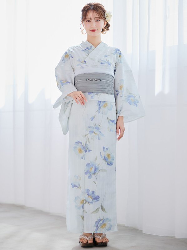 画像4: 【浴衣セール！】【即日発送】 ホワイト×アイシーフラワー浴衣  【浴衣３点セット 浴衣/帯/下駄】 [/YMT] (4)