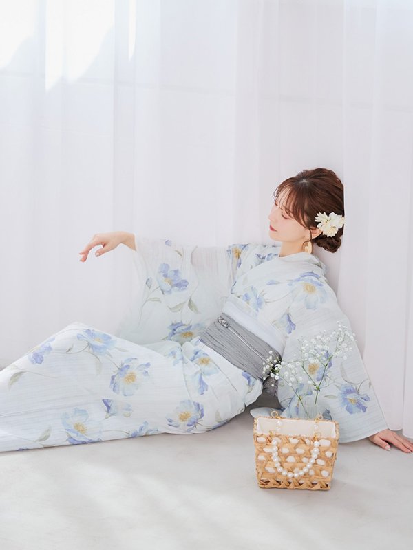 画像7: 【浴衣セール！】【即日発送】 ホワイト×アイシーフラワー浴衣  【浴衣３点セット 浴衣/帯/下駄】 [/YMT] (7)